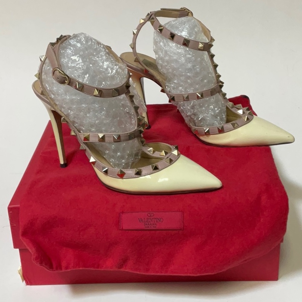 Valentino Rouckstud Double strap pointy toe off white patent leather high heels
